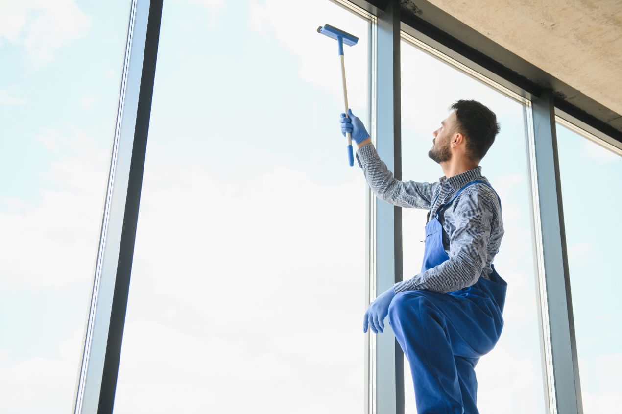 Ein Fensterreiniger in blauer Arbeitskleidung reinigt große Glasflächen in einem modernen Gebäude – hochwertige Fensterreinigung durch eine Reinigungsfirma Hamburg.