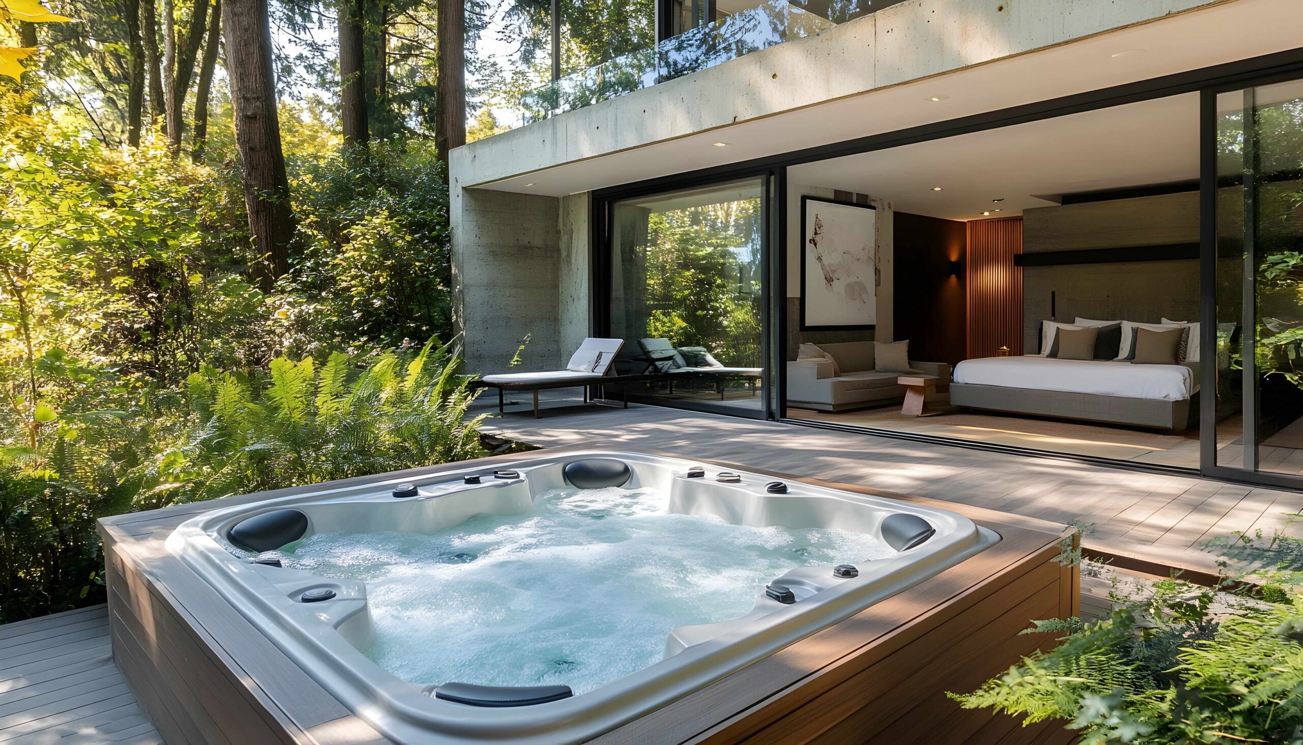 Eine moderne Terrasse mit einem sprudelnden Whirlpool, umgeben von üppigem Grün, strahlt Ruhe und Luxus aus, perfekt zum Entspannen in der Sonne.