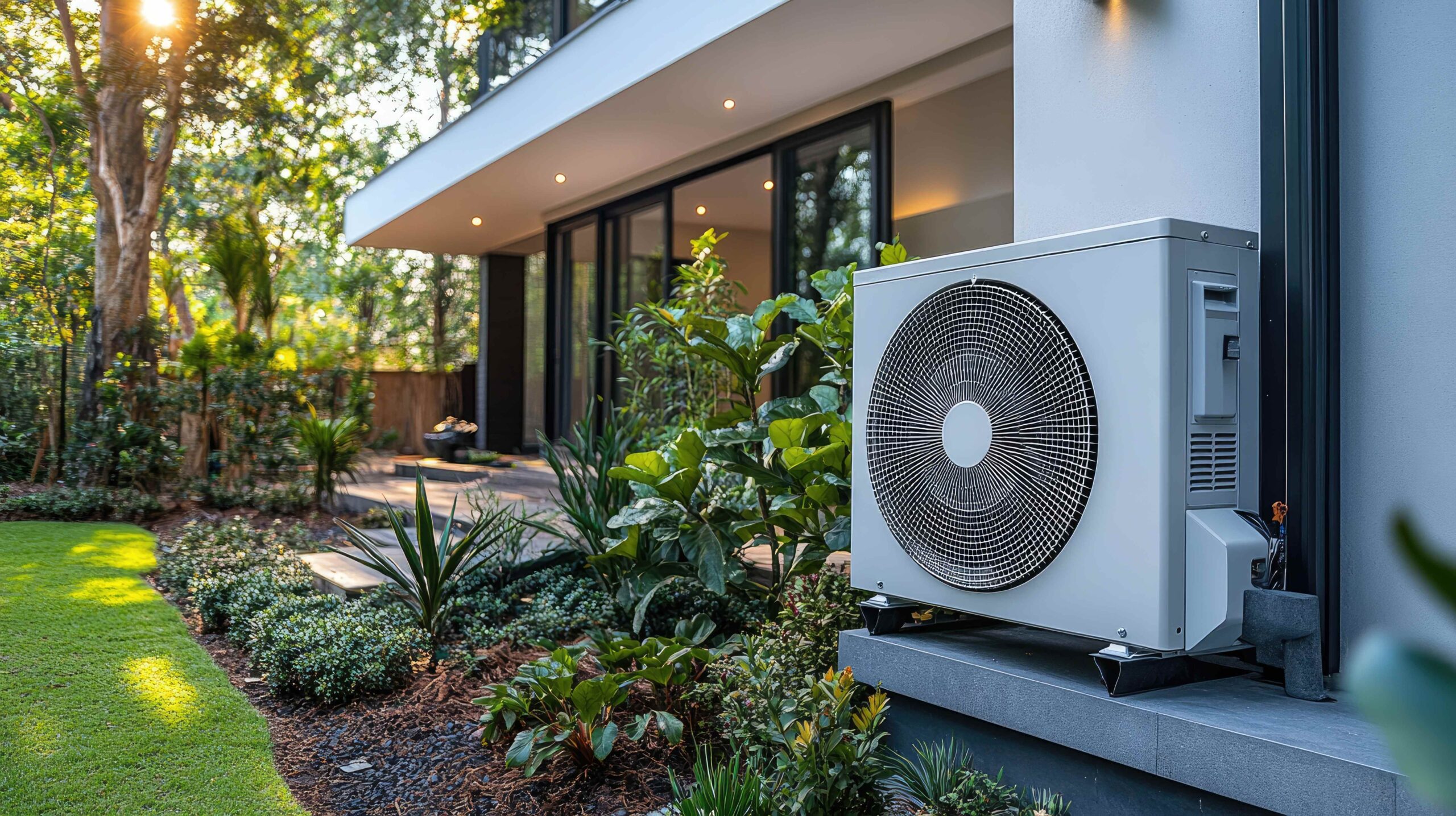 Modernes, energieeffizientes Haus mit Außenklimaanlage, umgeben von üppigem Grün und zeitgenössischer Architektur