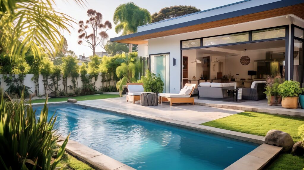 Schwimmbad und Terrasse im Garten eines Luxushauses