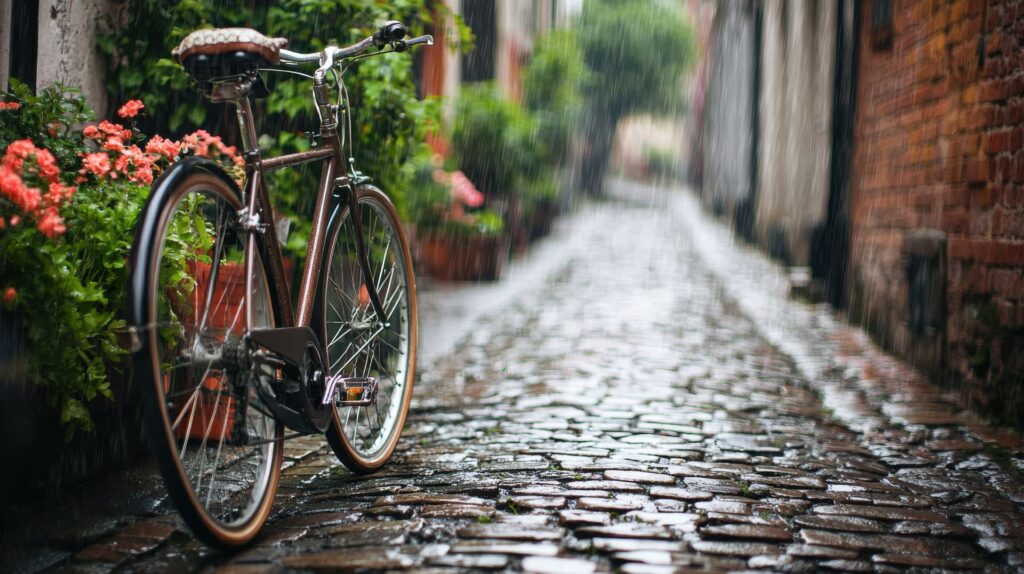 Fahrrad steht ungeschuetzt im Regen auf nassem Kopfsteinpflaster – zeigt den Bedarf einer wetterfesten Fahrradueberdachung.